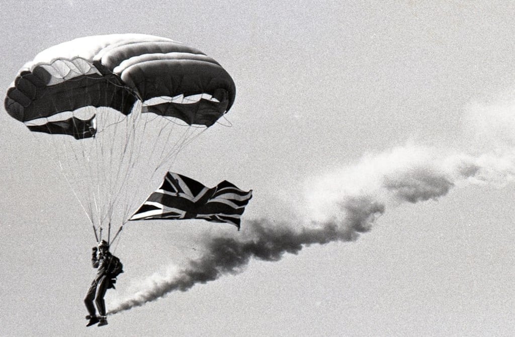 The British Army’s Red Devils parachute team showing their skills at the Shek Kong airfield in 1977.