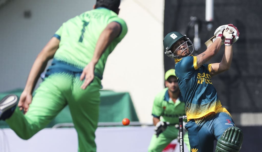 South Africa captain Aubrey Swanepoel takes a swing against Pakistan.