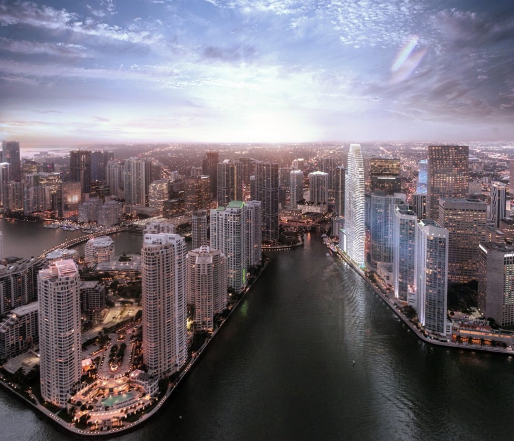 Aston Martin Residences in Miami features condos with sweeping views of Biscayne Bay and the Atlantic Ocean.