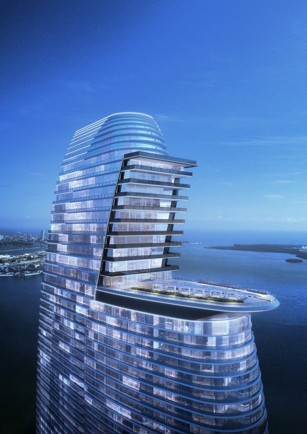 Aston Martin Residences is a striking curvilinear glass and steel tower. The apartments will be encased in a sail-shaped building reflecting the marina setting.