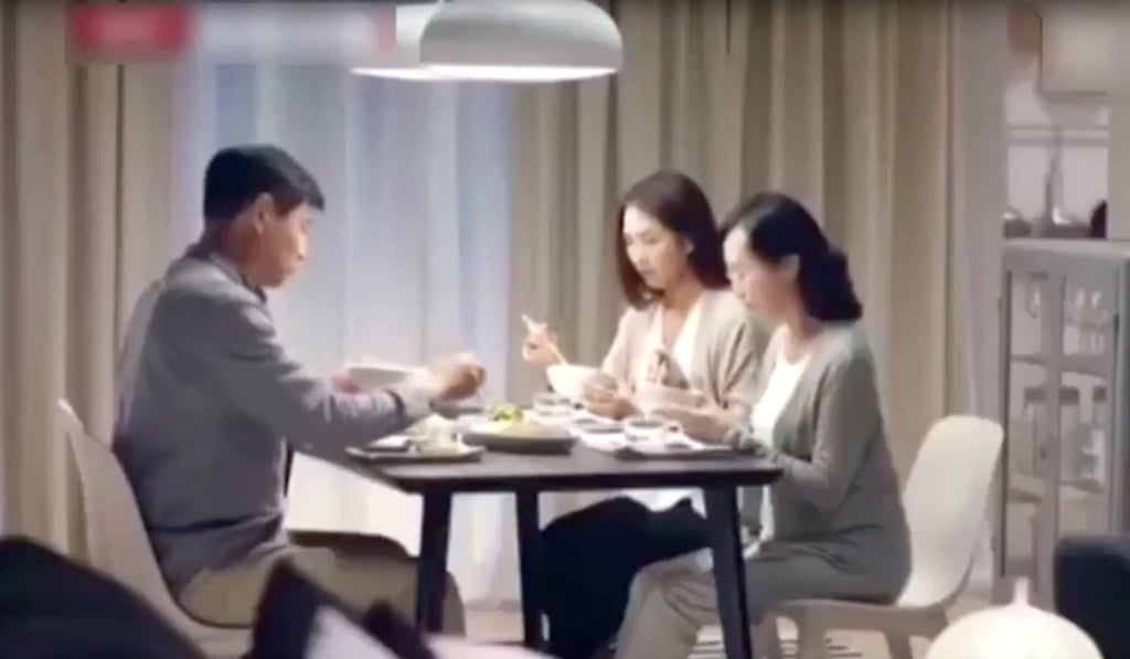 Ikea recently ran a television commercial (pictured) depicting a fierce woman telling her daughter over dinner: ‘Don’t call me mum any more if you cannot bring a boyfriend home.’ Photo: Handout