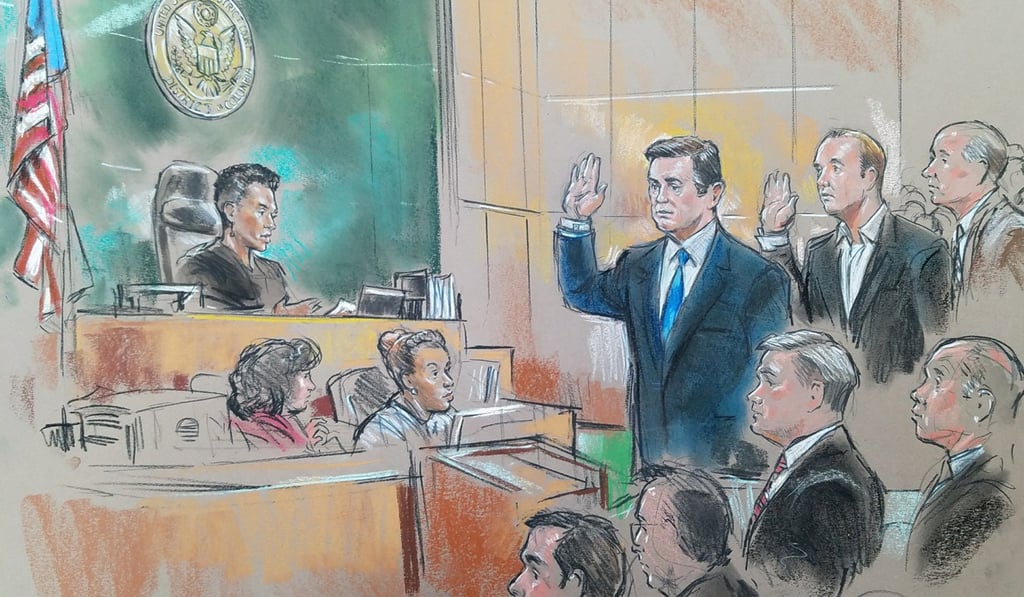 An artist’s sketch shows former Trump 2016 campaign chairman Paul Manafort and former campaign official Rick Gates appearing in front of US Magistrate Deborah A. Robinson in US Federal Court in Washington on Monday. Graphic: REUTERS/Bill Hennessey