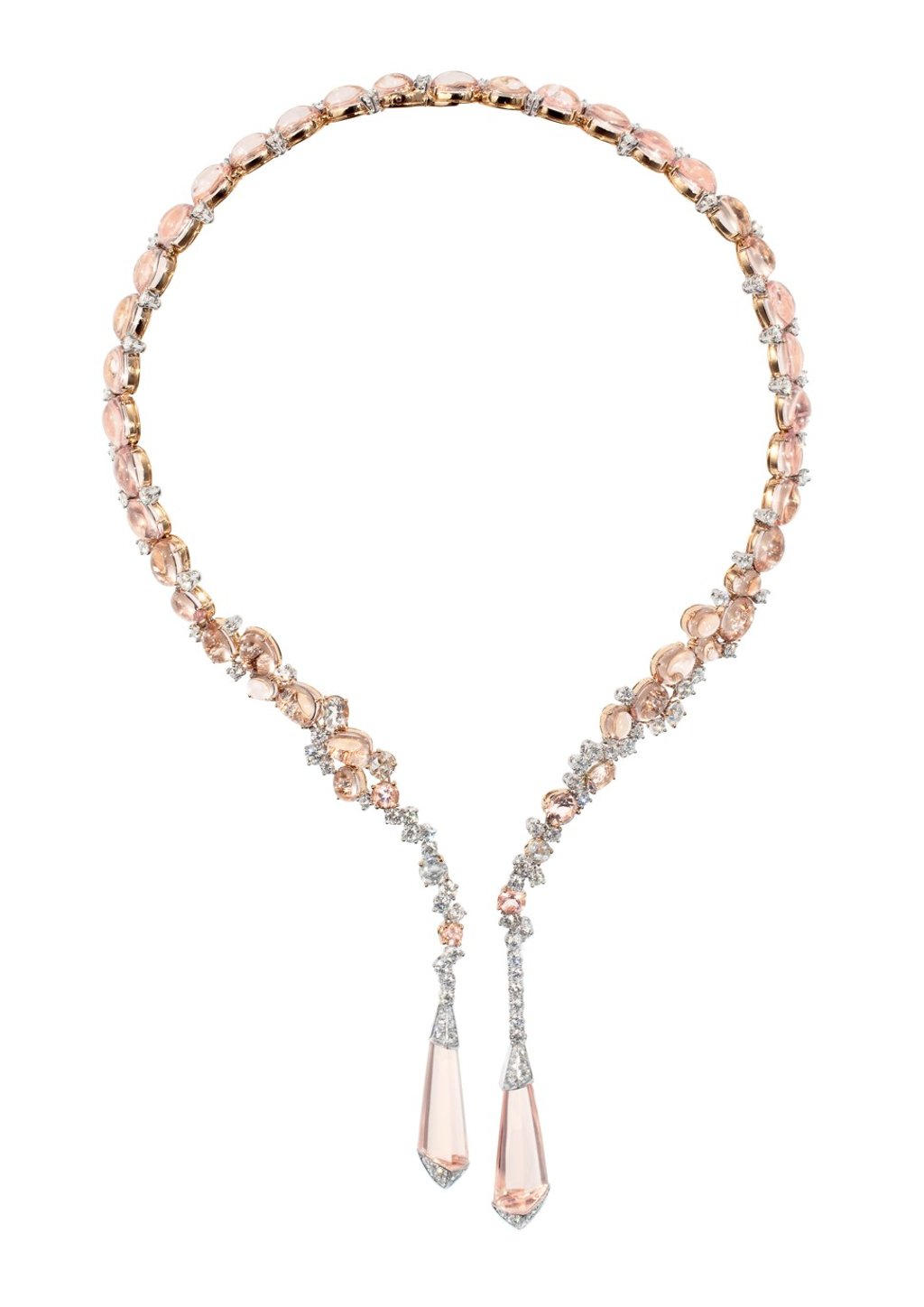 Inspired by French writer and filmmaker Jean Cocteau, the Halo Delilah necklace is crafted as a supple yet light drape with 49 morganites (97.31ct) and 218 diamonds (10.34ct).