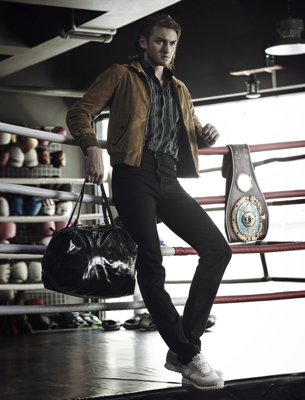 Prada, jacket, HK$17,350; Bottega Veneta, shirt, price on request; Saint Laurent by Anthony Vaccarello, jeans, HK$3,490; Valentino, sneakers, HK$5,300.