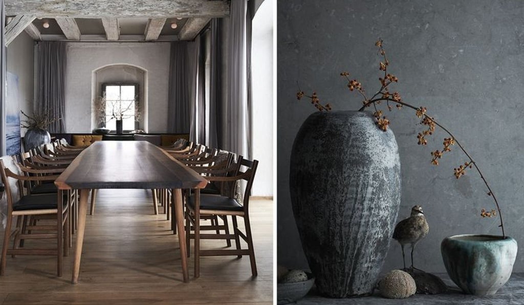 The six-metre-long table (left) from furniture designer Københavns Møbelsnedkeri, which was used in Noma’s private dining room, has an estimate of US$30,000; a vase and other decorative items from the restaurant are also being auctioned.