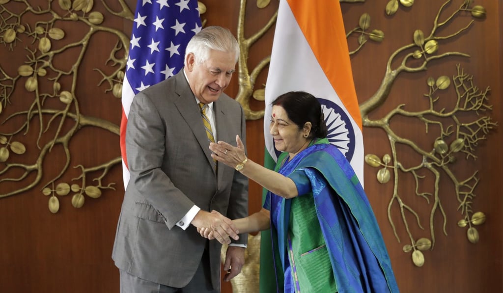 Indian Foreign Minister Sushma Swaraj welcomes US Secretary of State Rex Tillerson on his arrival at the foreign ministry office in New Delhi, on October 25. Photo: AP Indian Foreign Minister Sushma Swaraj welcomes US Secretary of State Rex Tillerson on his arrival at the foreign ministry office in New Delhi, on October 25. Photo: AP