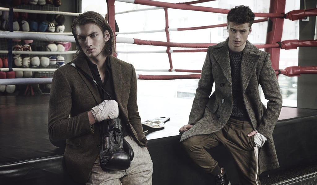 On Left: Ralph Lauren, jacket, price on request; Saint Laurent by Anthony Vaccarello, shirt, HK$5,450; Giorgio Armani, trousers, HK$6,700; On right: Bottega Veneta, jacket, price on request; Giorgio Armani, sweater, HK$13,000; Ralph Lauren, trousers, HK$5,500; Saint Laurent by Anthony Vaccarello, sneakers, HK$6,950.