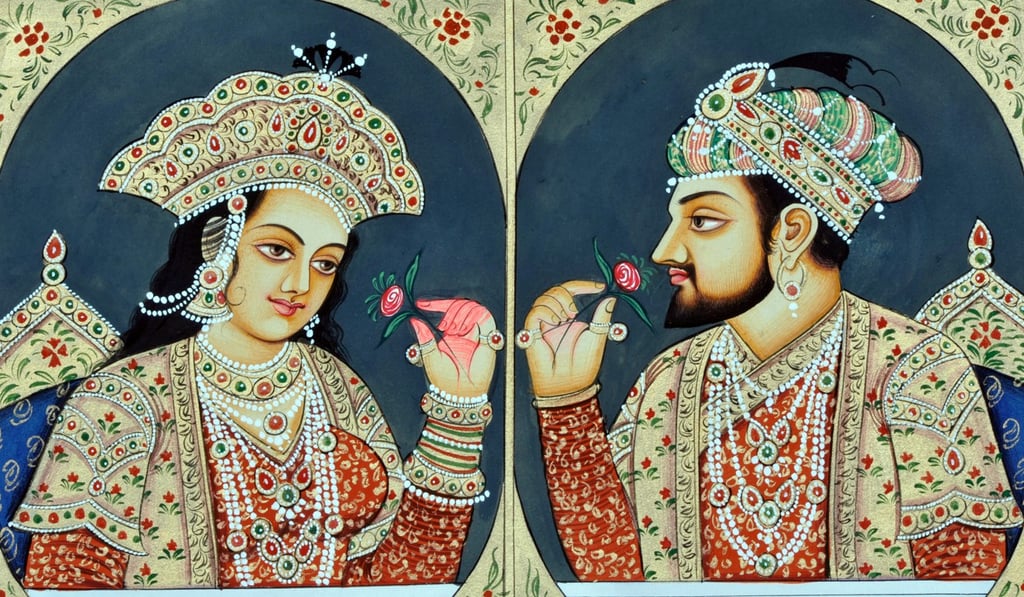 A miniature painting of Mumtaz Mahal and Shah Jahan.