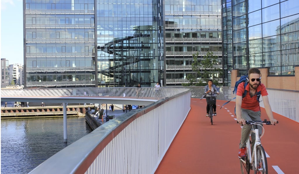 A cyclist rides on the “Snake Bridge”, a cycling-only bridge, by Fisketorvet mall on Copenhagen Harbour. Photo: Omar Mouallem