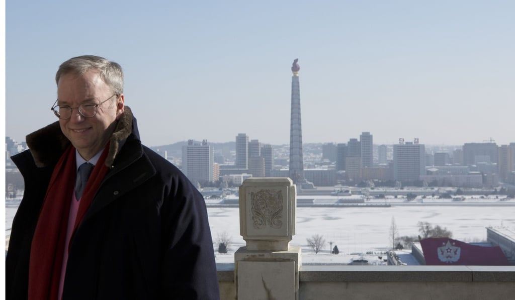 Executive chairman of Google Eric Schmidt at the Grand Peoples Study House overlooking Juche Tower in Pyongyang on January 9, 2013. Photo: AP