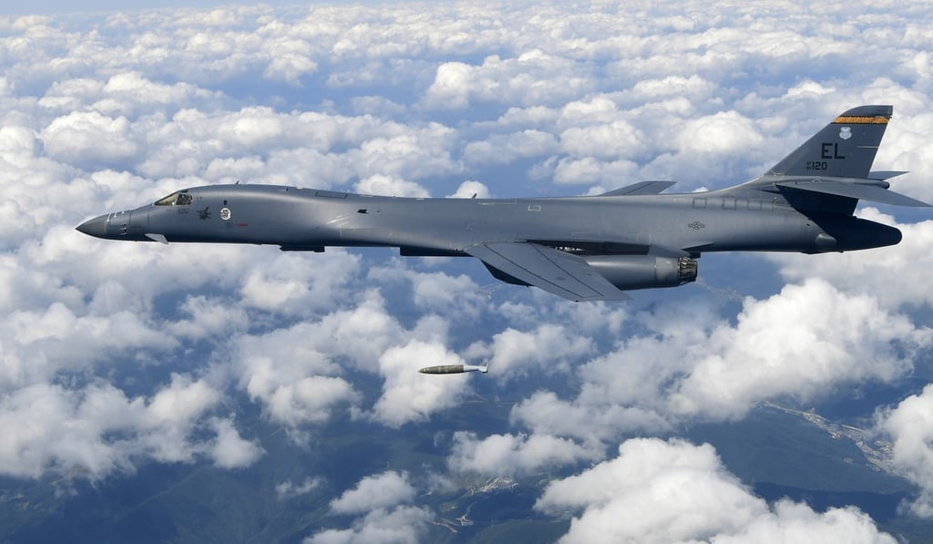 In this September 18, 2017, file photo provided by South Korea Defense Ministry, a US Air Force B-1B bomber drops a bomb as it flies over the Korean Peninsula during a joint drills. Photo: AP In this September 18, 2017, file photo provided by South Korea Defense Ministry, a US Air Force B-1B bomber drops a bomb as it flies over the Korean Peninsula during a joint drills. Photo: AP