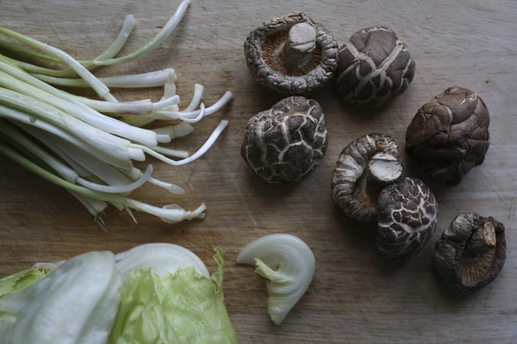 Stuffed Chinese mushrooms, spring onions and lettuce.
