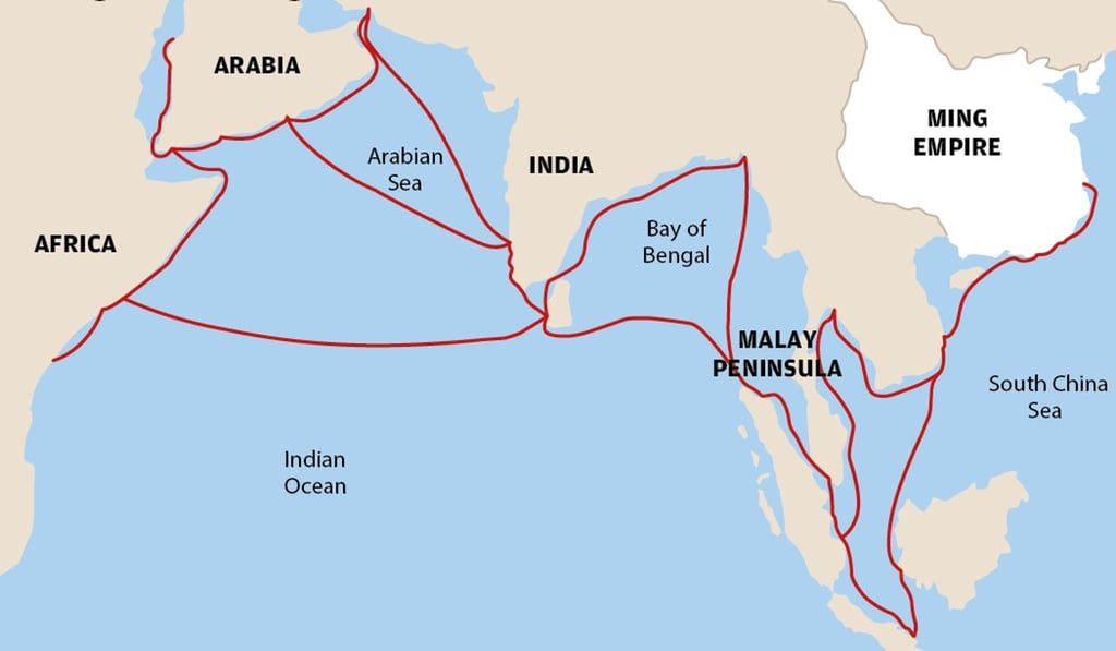 Zheng He’s seven expeditions took him across Southeast Asia and on to Arabia and east Africa. Illustration: SCMP Zheng He’s seven expeditions took him across Southeast Asia and on to Arabia and east Africa. Illustration: SCMP