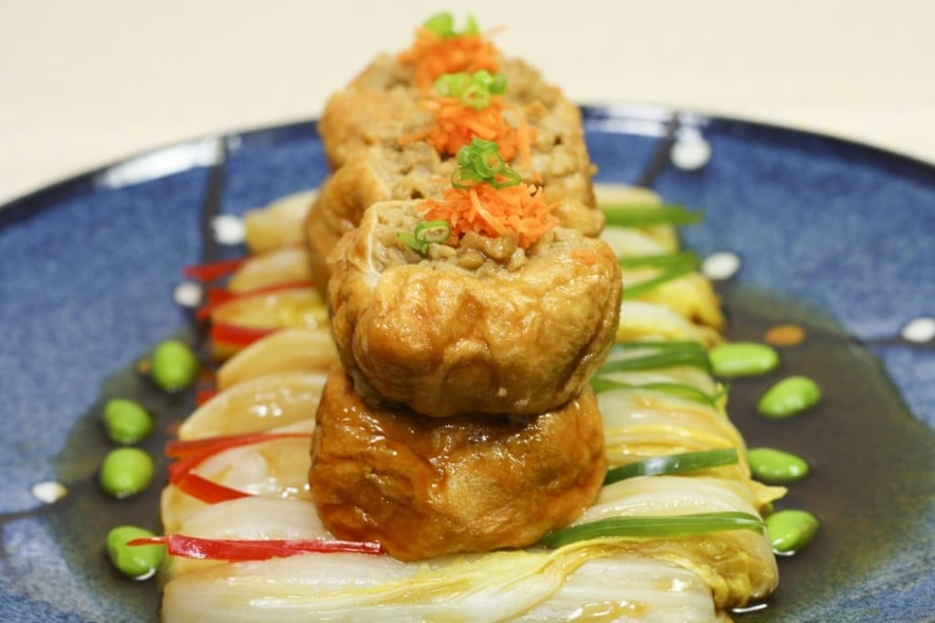 From Adventist’s vegetarian-only menu: tofu puffs stuffed with glutinous rice.