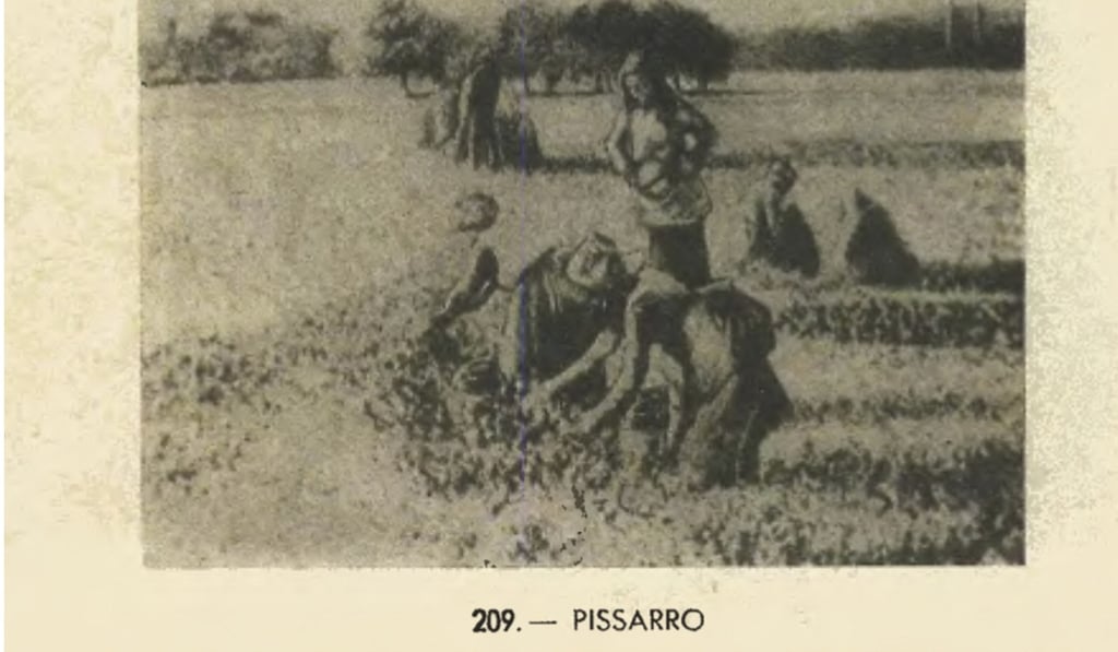 This undated picture, part of a post second world war French government inventory of property looted in France by the Germans, shows a Camille Pissarro painting: “La Cueillette des Bois,” or “Picking Peas,” painted by the impressionist master in 1887. Photo: French Culture Ministry via AP This undated picture, part of a post second world war French government inventory of property looted in France by the Germans, shows a Camille Pissarro painting: “La Cueillette des Bois,” or “Picking Peas,” painted by the impressionist master in 1887. Photo: French Culture Ministry via AP