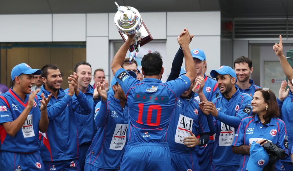 Kowloon Cantons captain Babar Hayat (No. 10) celebrate with his team after winning the Hong Kong T20 Blitz. Photo: Nora Tam
