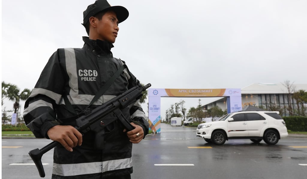 An armed policeman outside the Ariyana Danang Exhibititon and Convention Centre, the venue for the Asia-Pacific Economic Cooperation CEO Summit, in Da Nang, Vietnam. Photo: Bloomberg An armed policeman outside the Ariyana Danang Exhibititon and Convention Centre, the venue for the Asia-Pacific Economic Cooperation CEO Summit, in Da Nang, Vietnam. Photo: Bloomberg