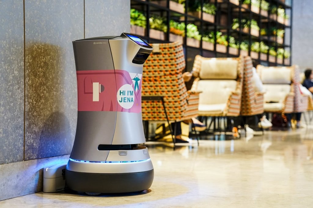 Jena, a Relay robot, parked at her docking station at the lobby of Hotel Jen Tanglin Singapore. Jena, a Relay robot, parked at her docking station at the lobby of Hotel Jen Tanglin Singapore.