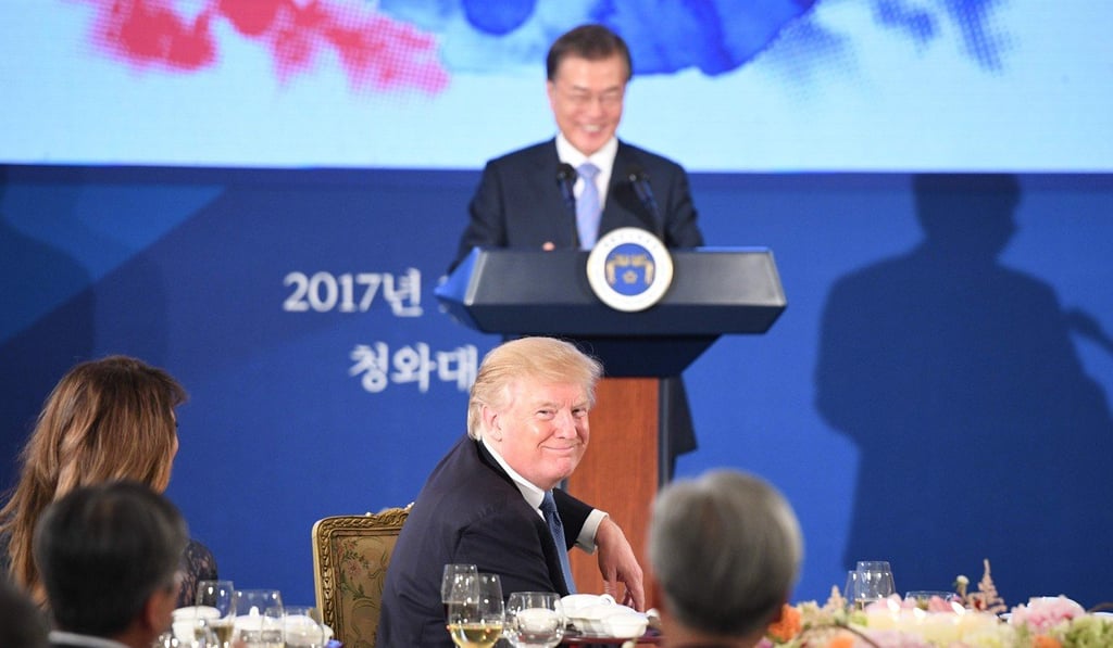 The prawns served to US President Donald Trump (front centre) during a state dinner at the presidential Blue House in Seoul on Tuesday sparked a diplomatic row between South Korea and Japan. Photo: AFP The prawns served to US President Donald Trump (front centre) during a state dinner at the presidential Blue House in Seoul on Tuesday sparked a diplomatic row between South Korea and Japan. Photo: AFP