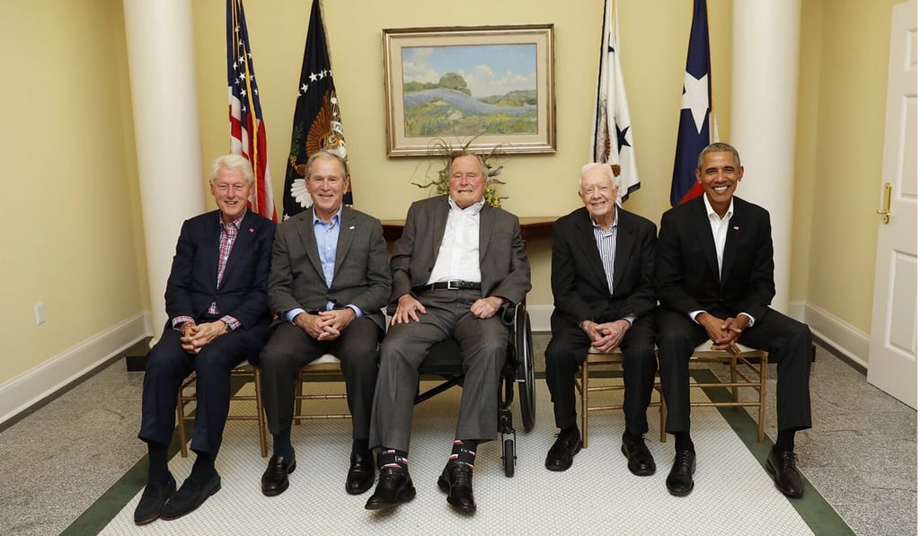 Former US presidents (from left) Bill Clinton, George W. Bush, George H.W. Bush, Jimmy Carter and Barack Obama gather in College Station in Texas on October 21 to raise funds for disaster relief in the wake of recent hurricanes in America and the Caribbean. Today there is no US president, sitting or otherwise, who is as strong on China as Carter. Photo: EPA-EFE / Handout from One America Appeal