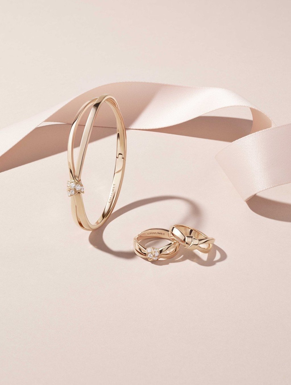 Rings and bracelet in pink gold from Chaumet's new Liens Séduction collection.