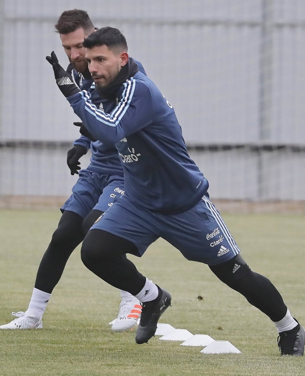 Lionel Messi (behind) and Sergio Aguero train in Moscow ahead of a friendly with Russia on Saturday. Photo: EPA