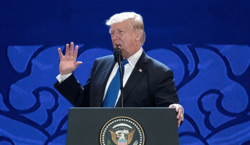 US President Donald Trump addresses the Asia-Pacific Economic Cooperation CEO Summit in Da Nang, Vietnam on Friday. Photo: AP US President Donald Trump addresses the Asia-Pacific Economic Cooperation CEO Summit in Da Nang, Vietnam on Friday. Photo: AP