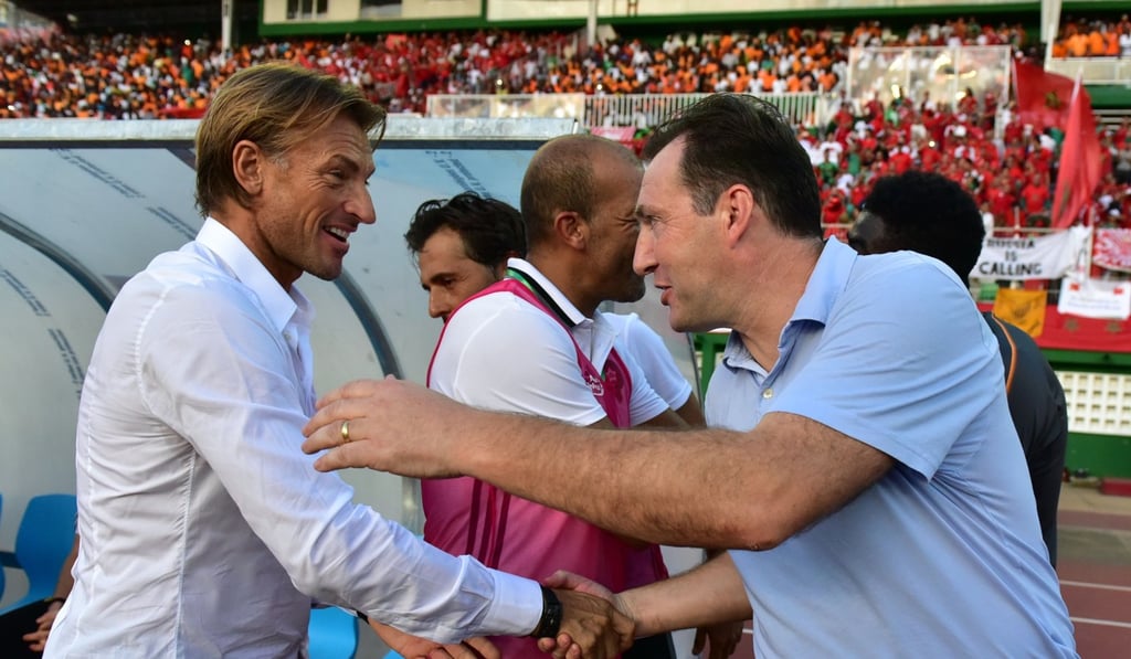 Morocco coach Herve Renard (left) shakes hands with Ivory Coast boss Marc Wilmots. Photo: AFP Morocco coach Herve Renard (left) shakes hands with Ivory Coast boss Marc Wilmots. Photo: AFP
