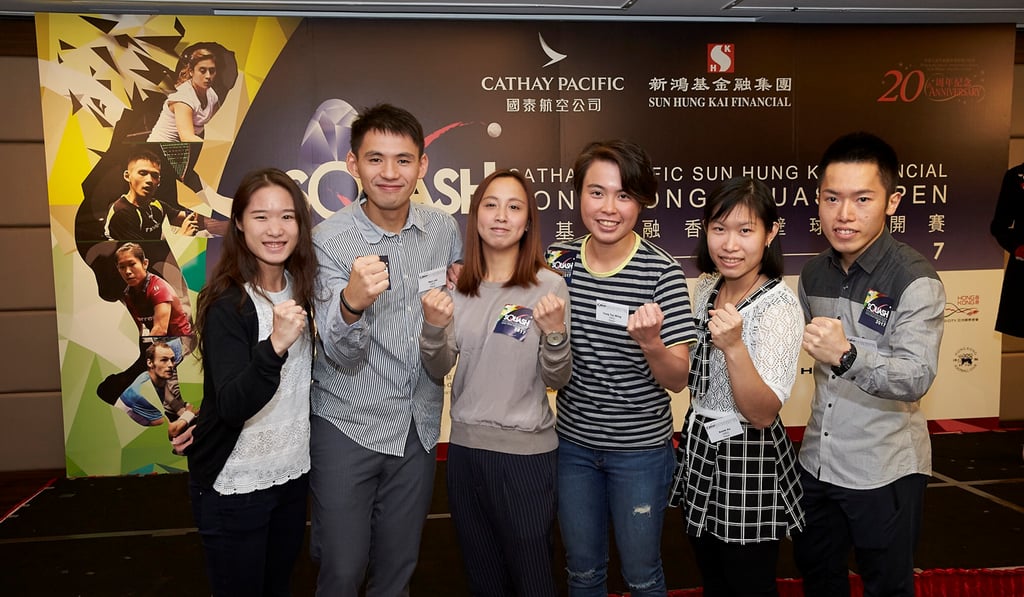 Hong Kong hopes Joey Chan (left), Max Lee, Liu Tsz-ling, Tong Tsz-wing, Annie Au and Leo Au. Photo: HK Squash Hong Kong hopes Joey Chan (left), Max Lee, Liu Tsz-ling, Tong Tsz-wing, Annie Au and Leo Au. Photo: HK Squash