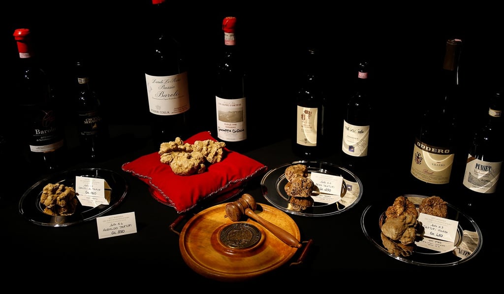 Barolo and Barbaresco red wine bottles and sets of truffles are displayed at the auction. Photo: Stefano Rellandini