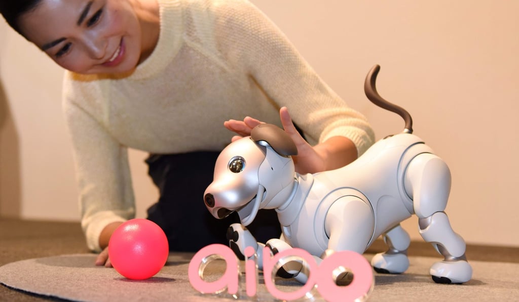 “Aibo”, the latest entertainment robot from Sony, featuring AI and internet capability, is revealed at the company’s headquarters in Tokyo on November 1. The acronym “Aibo” is derived from “artificial intelligence robot” and is also the Japanese word for “companion” or “friend”. The Aibo was first introduced in 1999. Photo: AFP “Aibo”, the latest entertainment robot from Sony, featuring AI and internet capability, is revealed at the company’s headquarters in Tokyo on November 1. The acronym “Aibo” is derived from “artificial intelligence robot” and is also the Japanese word for “companion” or “friend”. The Aibo was first introduced in 1999. Photo: AFP
