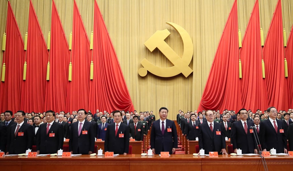 Xi Jinping (front, centre), at the opening session of the 19th National Congress of the Communist Party of China in the Great Hall of the People. Photo: Xinhua/Lan Hongguan