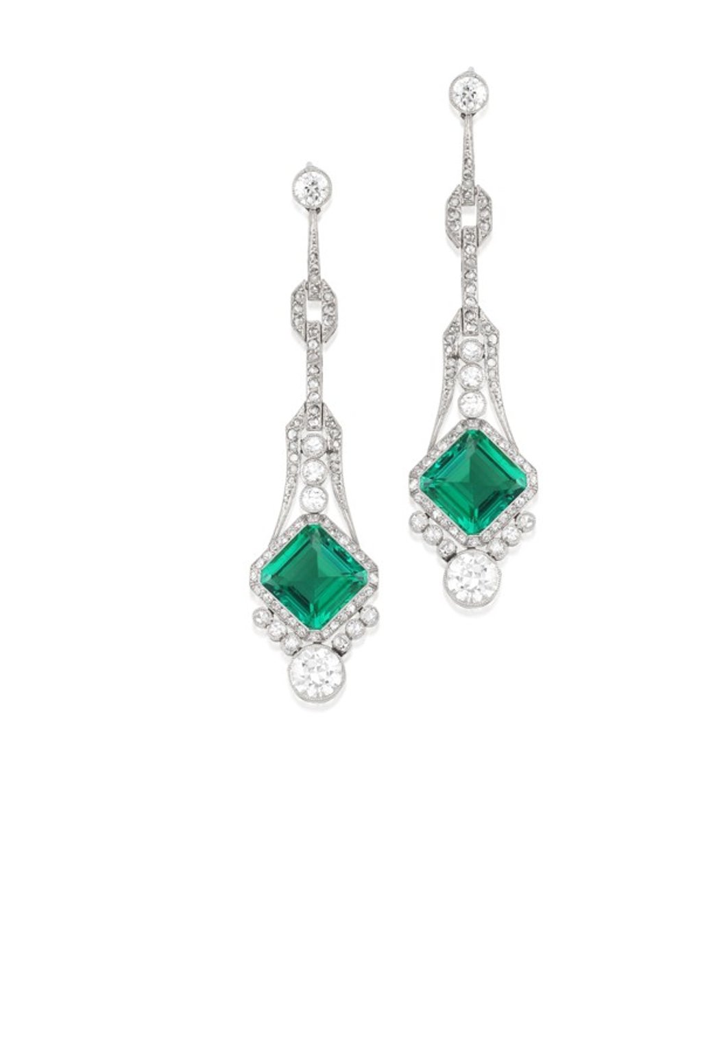 Early 20th century Colombian emerald and diamond pendant earrings. Estimate: HK$1,3 million to HK$1.6 million. Early 20th century Colombian emerald and diamond pendant earrings. Estimate: HK$1,3 million to HK$1.6 million.