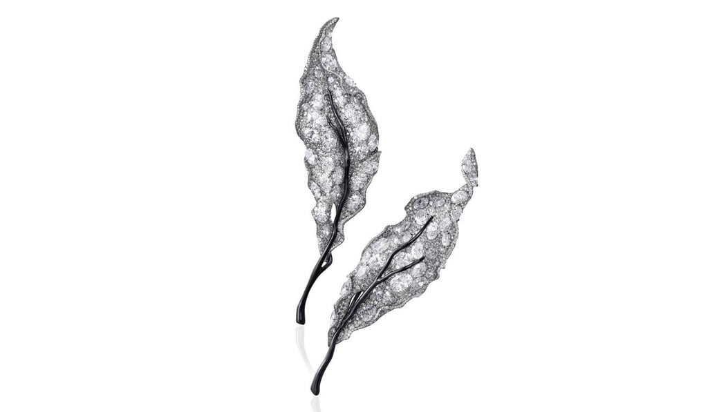 Hong Kong jewellery designer Cindy Chao’s Winter Leaves Brooches with 49 diamonds weighing 49.11ct, with 2,061 diamond side stones weighing 45.44ct and with titanium, 18ct white gold and enamel.