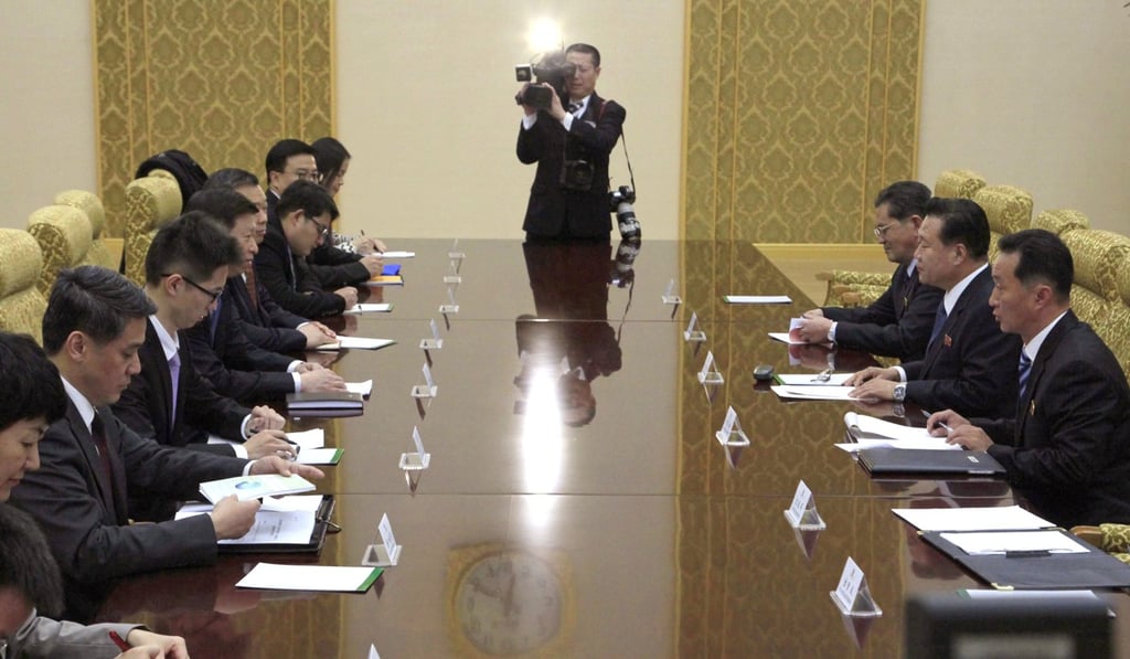 Choe Ryong Hae, second from right, vice chairman of the Central Committee of North Korea's ruling party talks with Song Tao, fourth from left, the head of China's ruling Communist Party's International Liaison Department, at the Mansudae Assembly Hall, in Pyongyang, Friday, Nov. 17, 2017. Photo: Associated Press Choe Ryong Hae, second from right, vice chairman of the Central Committee of North Korea's ruling party talks with Song Tao, fourth from left, the head of China's ruling Communist Party's International Liaison Department, at the Mansudae Assembly Hall, in Pyongyang, Friday, Nov. 17, 2017. Photo: Associated Press