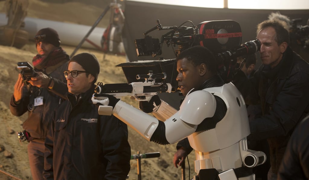 John Boyega and JJ Abrams (front, left) on the set of Star Wars: The Force Awakens. Photo: handout
