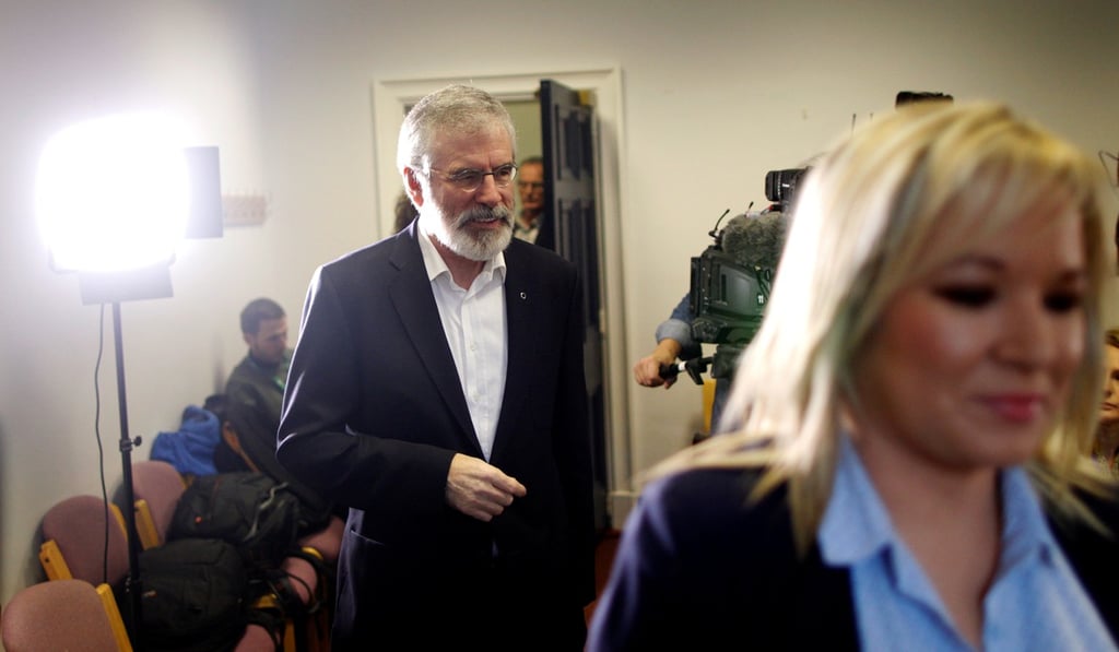 Adams and leader in Northern Ireland Michelle O’Neill arrive for a press conference at Stormont in Belfast on November 1, 2017. Photo: Reuters