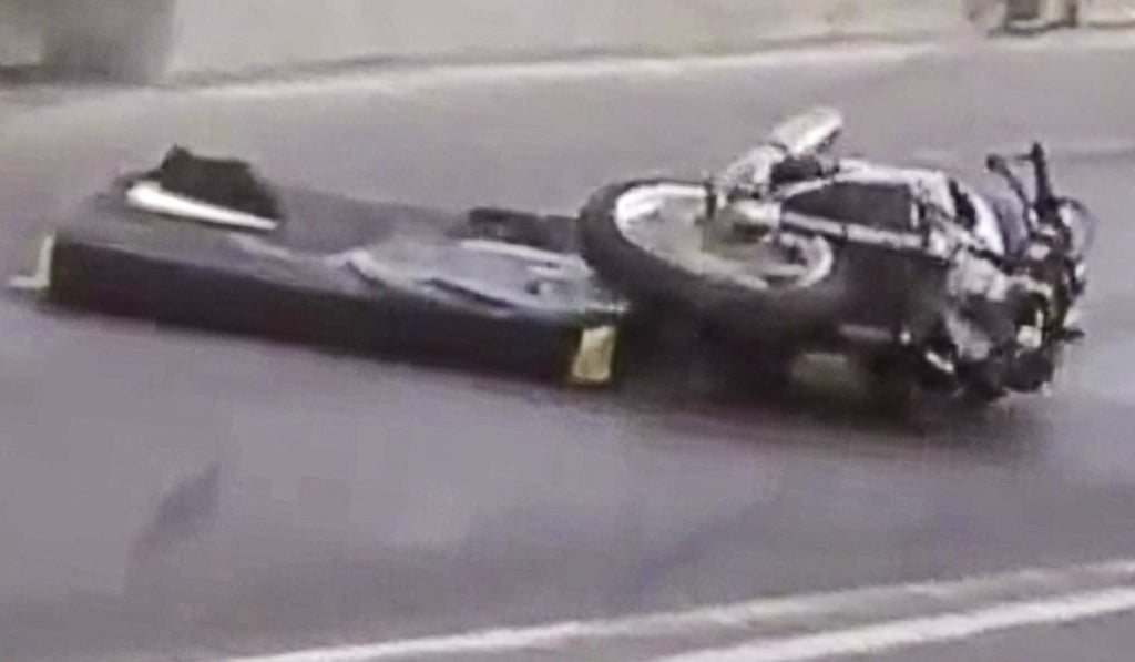 A television capture of Daniel Hegarty’s damaged motorcycle after the crash. Photos: Macau Grand Prix channel