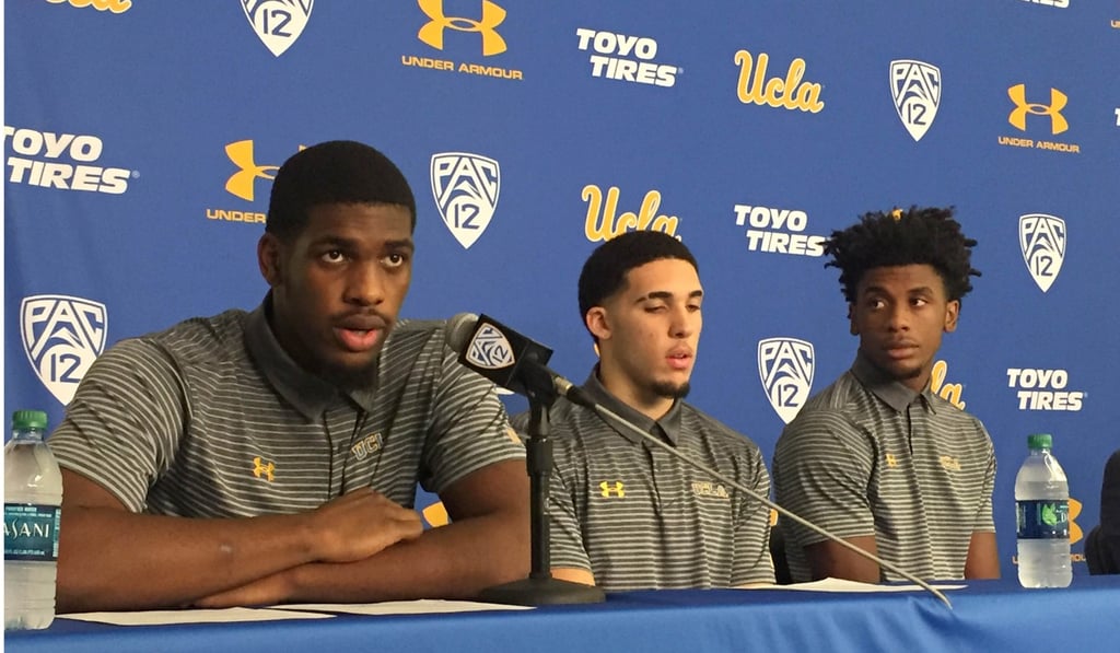 UCLA players Cody Riley (left) LiAngelo Ball (centre) and Jalen Hill apologise during a press conference after returning to Los Angeles. Photo: TNS UCLA players Cody Riley (left) LiAngelo Ball (centre) and Jalen Hill apologise during a press conference after returning to Los Angeles. Photo: TNS