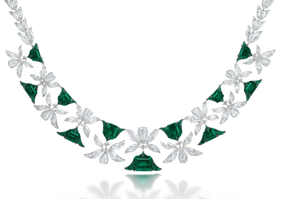 Colombian emerald and diamond ‘Palmette’ necklace by Edmond Chin for the House of Boghossian.
