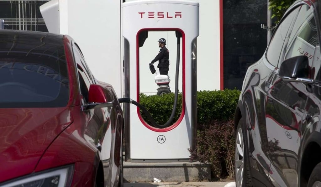 An electric vehicle charging station in Beijing. Photo: AP