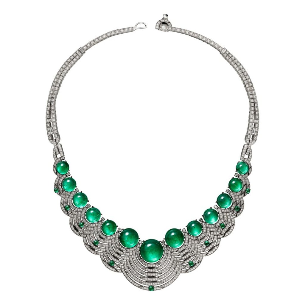 Cartier’s cabochon Zambian emerald necklace, set against a cascade of brilliant cut diamonds. Photo: Cartier Cartier’s cabochon Zambian emerald necklace, set against a cascade of brilliant cut diamonds. Photo: Cartier