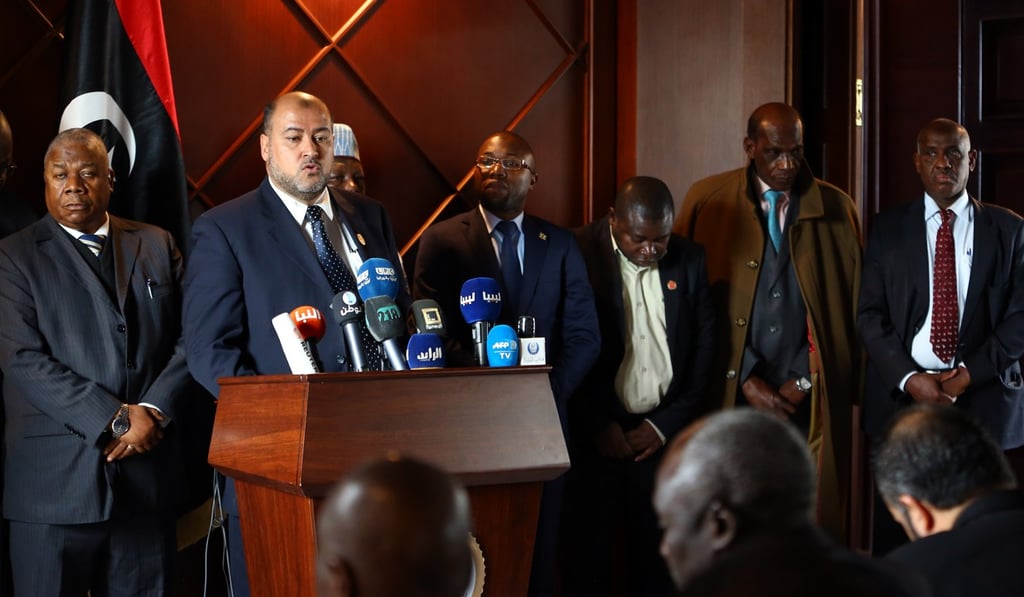 Salah Abu-Rgiga, African affairs official of the Foreign Ministry of Libya, speaks during a press conference in Tripoli after Libya’s UN-backed government launched an investigation into immigrant slave markets reported by CNN. Photo: Xinhua