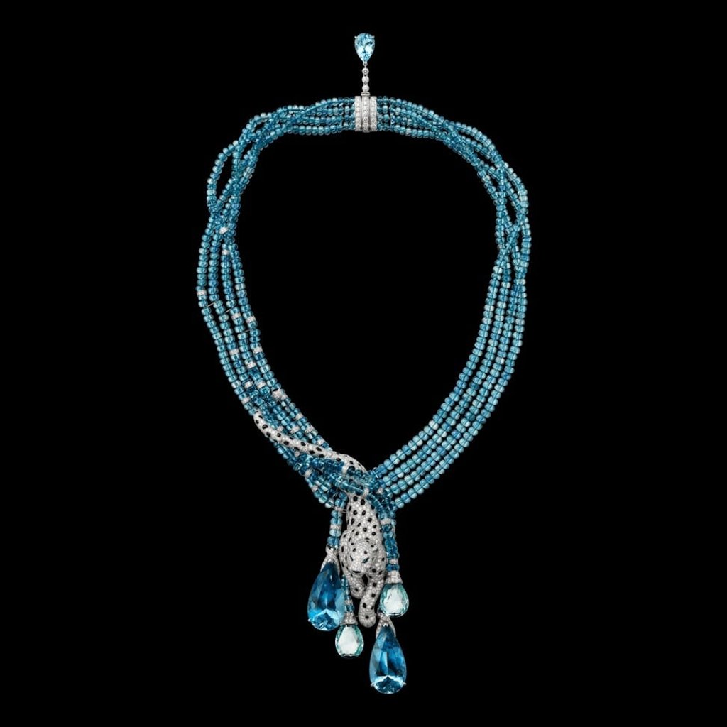 The aquamarine beaded necklace features Cartier’s signature panther, and includes five aquamarine stones, onyx and diamonds. Photo: Cartier The aquamarine beaded necklace features Cartier’s signature panther, and includes five aquamarine stones, onyx and diamonds. Photo: Cartier