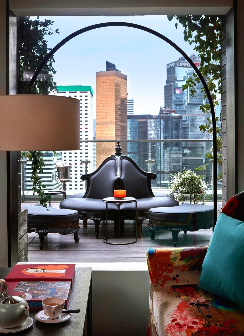 An elegant lounge at the SEVVA restaurant, overlooking the terrace, in Central, Hong Kong.
