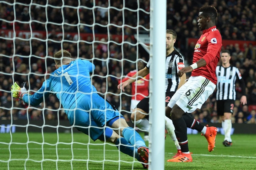 Paul Pogba scores Manchester United’s third goal against Newcastle. Photo: AFP
