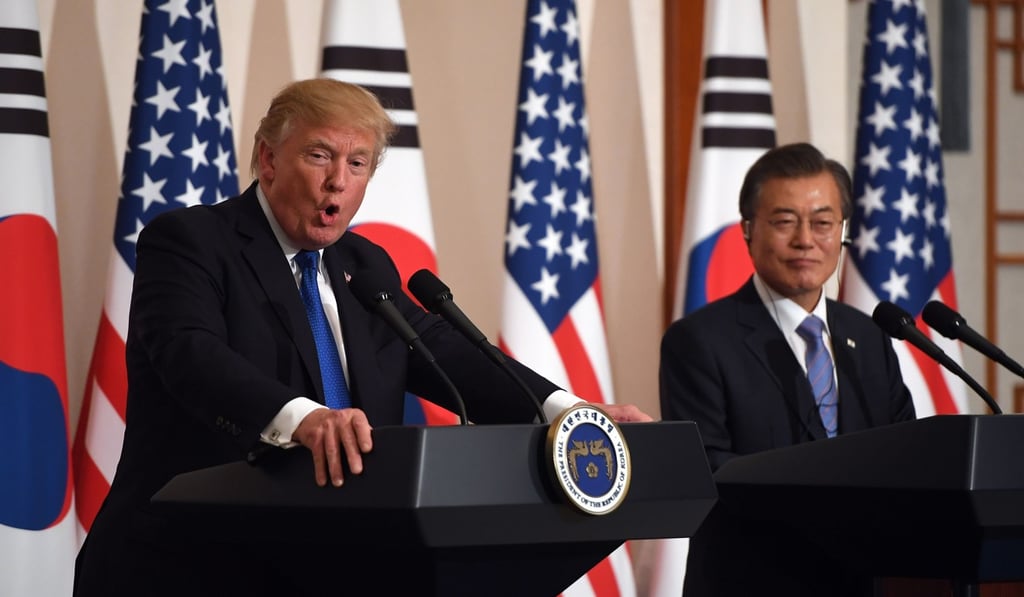 US President Donald Trump and South Korean President Moon Jae-in attend a joint press conference at the presidential residence in Seoul on November 7. The US and its allies are “making a lot of progress” in dealing with the threat posed by nuclear-armed North Korea, Trump said during the visit. Photo: AFP