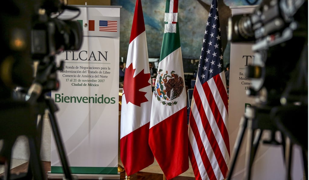 Canadian, Mexican and American flags stand on display during the fifth round of North American Free Trade Agreement negotiations in Mexico City on November 21. Mexico is proposing to limit access to government contracts for US firms, in a sign that America's Nafta partners are willing to strike back against what they see as hardline proposals by the Trump administration. Photo: Bloomberg Canadian, Mexican and American flags stand on display during the fifth round of North American Free Trade Agreement negotiations in Mexico City on November 21. Mexico is proposing to limit access to government contracts for US firms, in a sign that America's Nafta partners are willing to strike back against what they see as hardline proposals by the Trump administration. Photo: Bloomberg