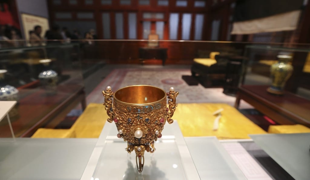 A gold chalice inlaid with gemstones on display at the “Hall of Mental Cultivation of The Palace Museum – Imperial Residence of Eight Emperors” exhibition, at the Heritage Museum in Sha Tin, in June. The Hong Kong Palace Museum will house exhibits usually only seen in the Forbidden City. Photo: Dickson Lee