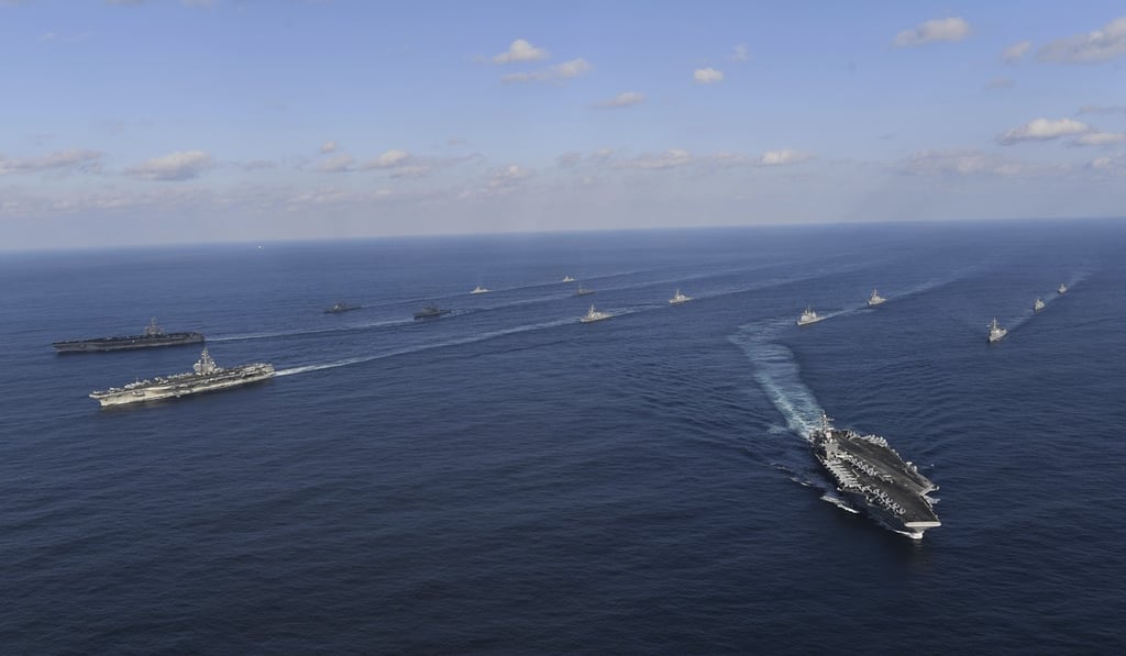 Three US aircraft carriers with other US and South Korean navy ships during joint exercises in November 2017. Photo: AP
